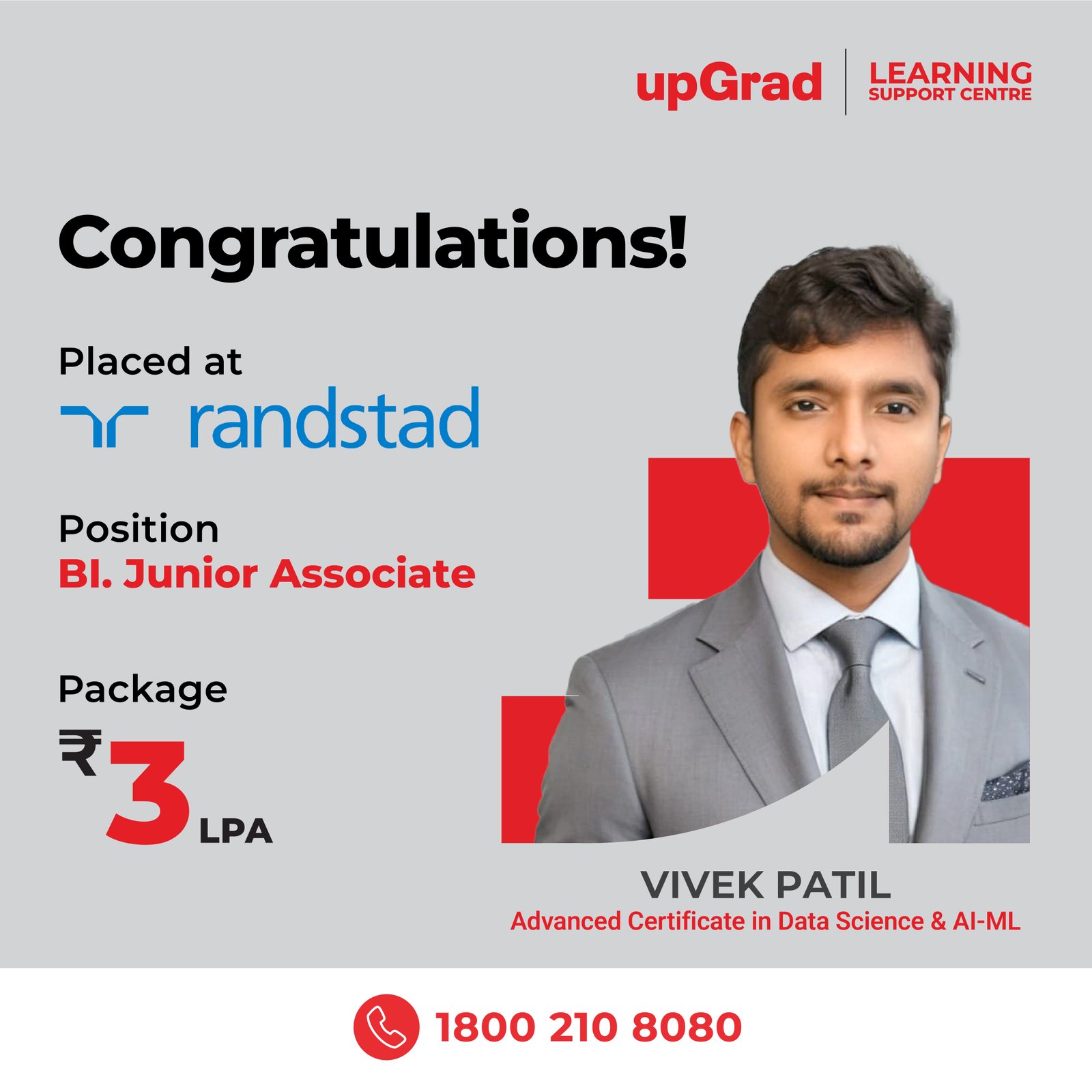 Vivek Arun Patil placed at Randstad as a BI Junior Associate with a package of 3 LPA